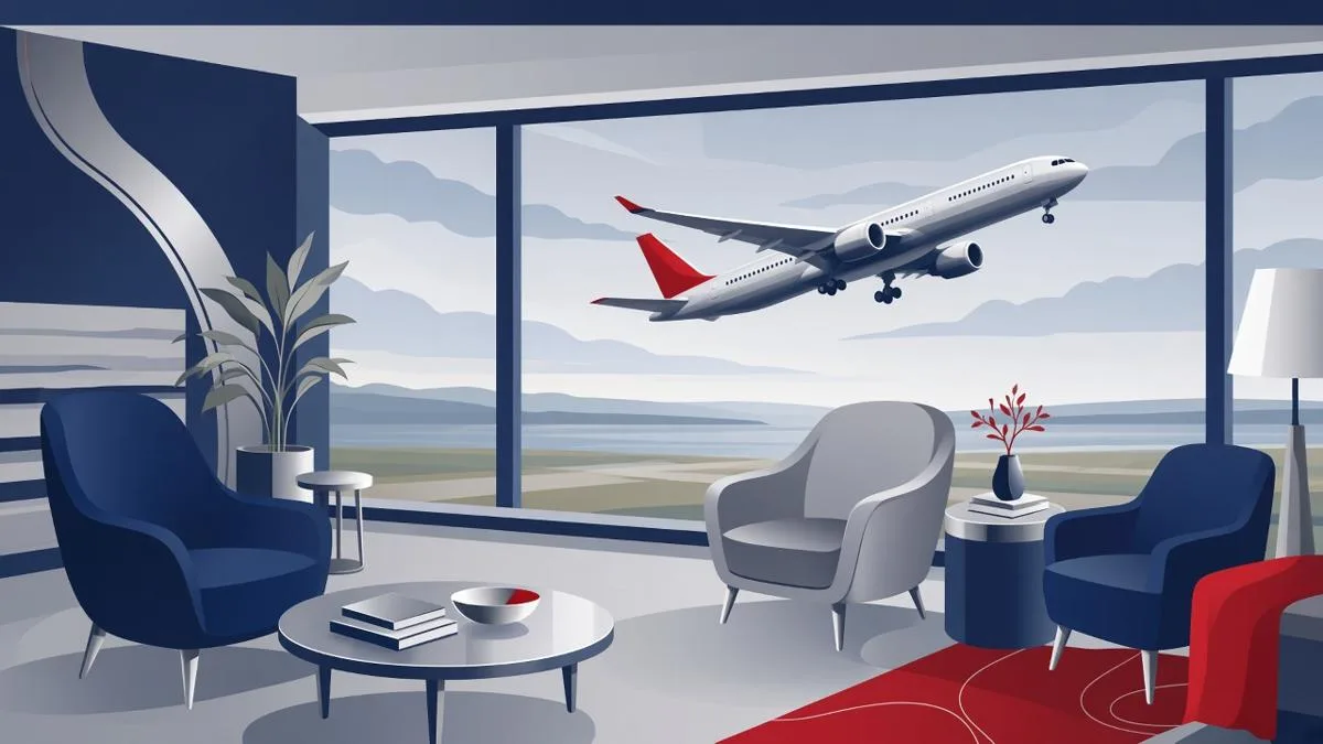Illustration of an airport lounge with navy and gray armchairs and a red rug, looking out a large window at a jet taking off