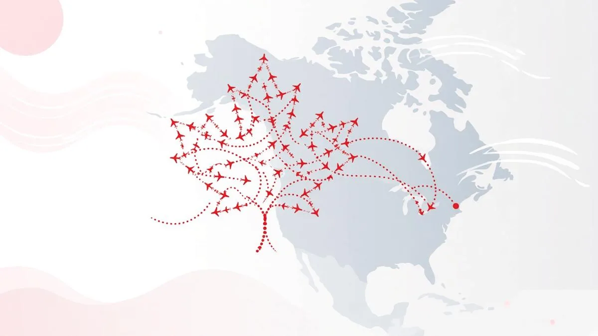Illustration of a red maple leaf drawn from small airplanes and dotted flight paths over a pale gray map of North America