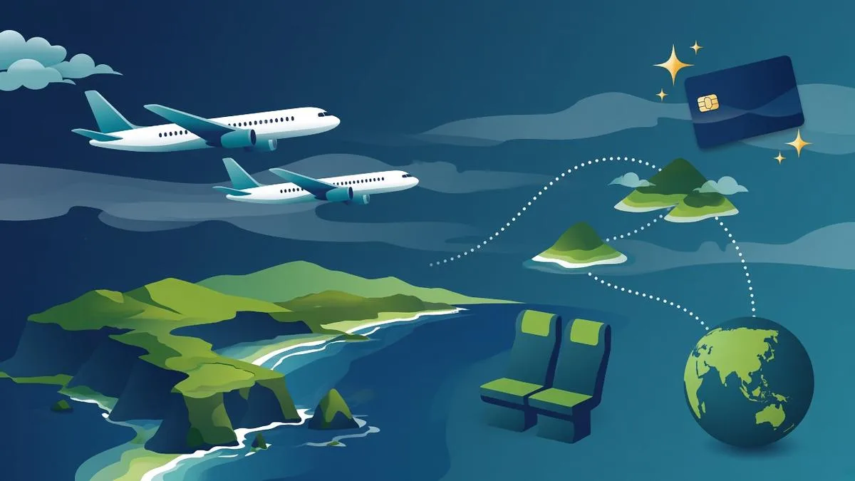 Flat illustration of two passenger jets flying over a coastline toward islands, with paired airplane seats and a blank navy credit card, representing an airline miles card bonus with a companion award