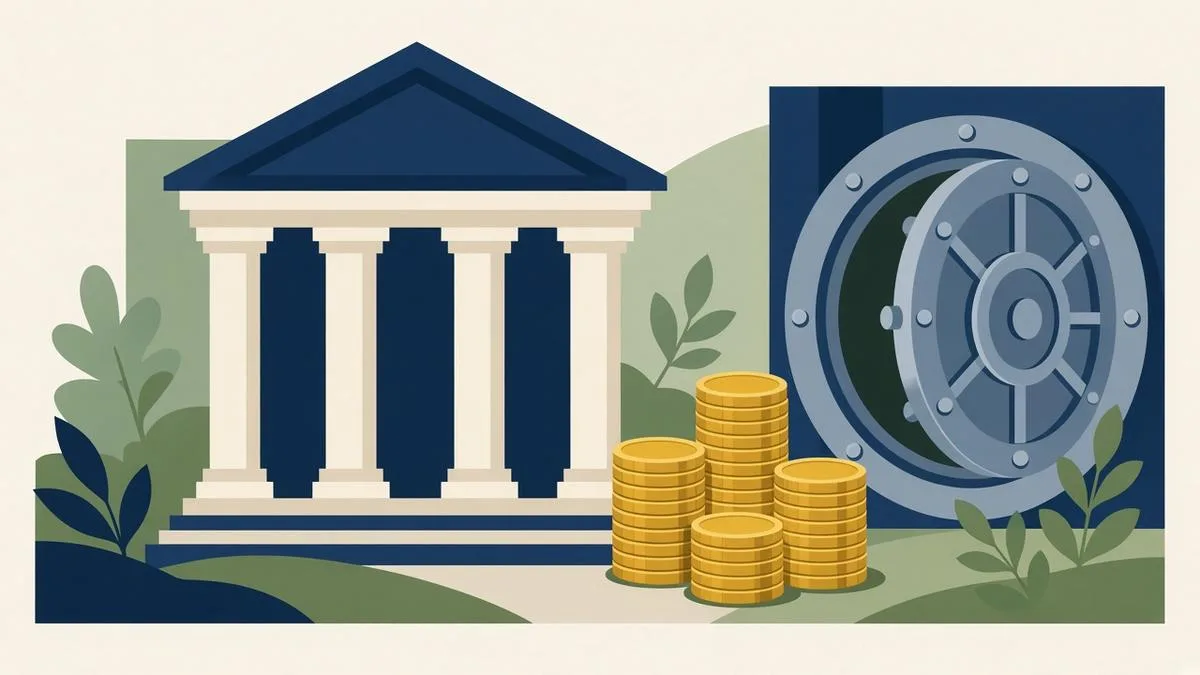 Illustration of a columned bank building beside stacks of gold coins and an open vault door