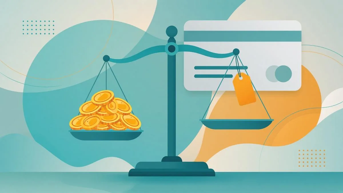 Illustration of a balance scale weighing a pile of gold coins against a price tag, in front of a blank generic credit card