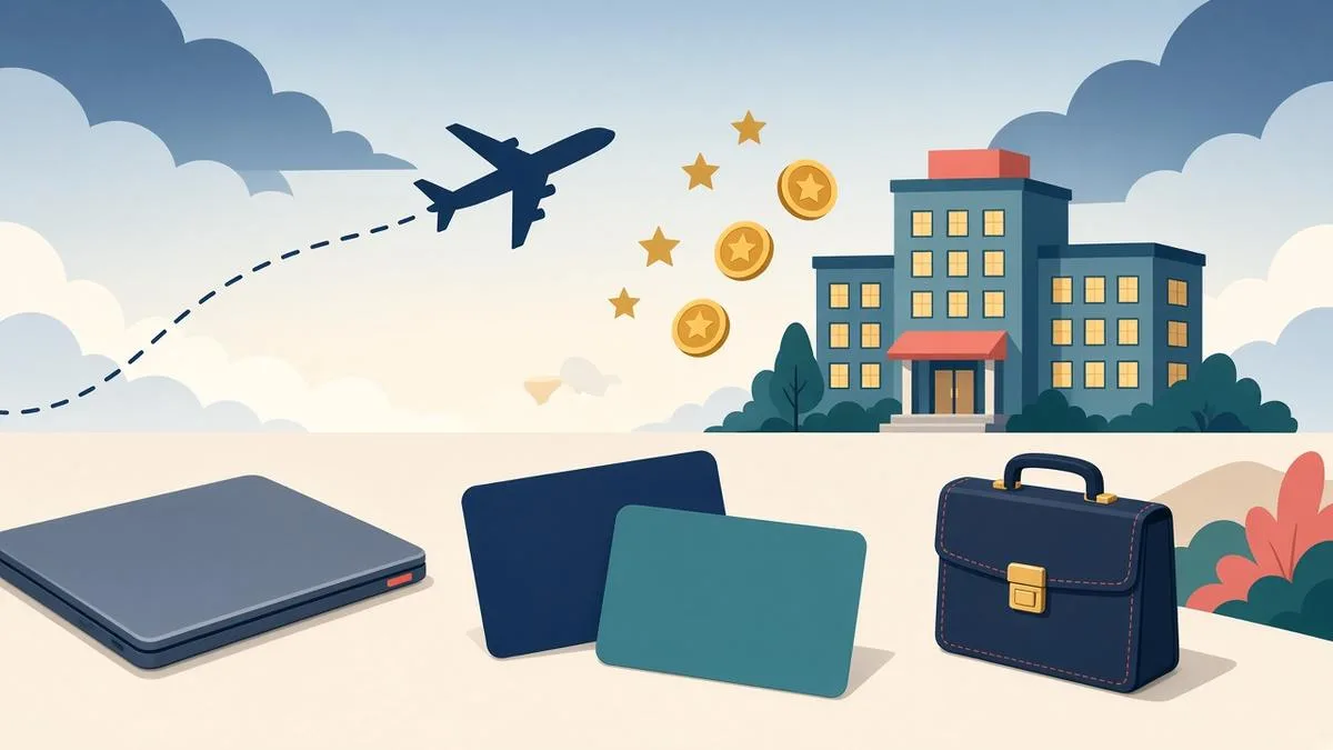 Illustration of two blank business credit cards beside a laptop and briefcase, with a plane on a dotted route and a hotel under gold reward stars