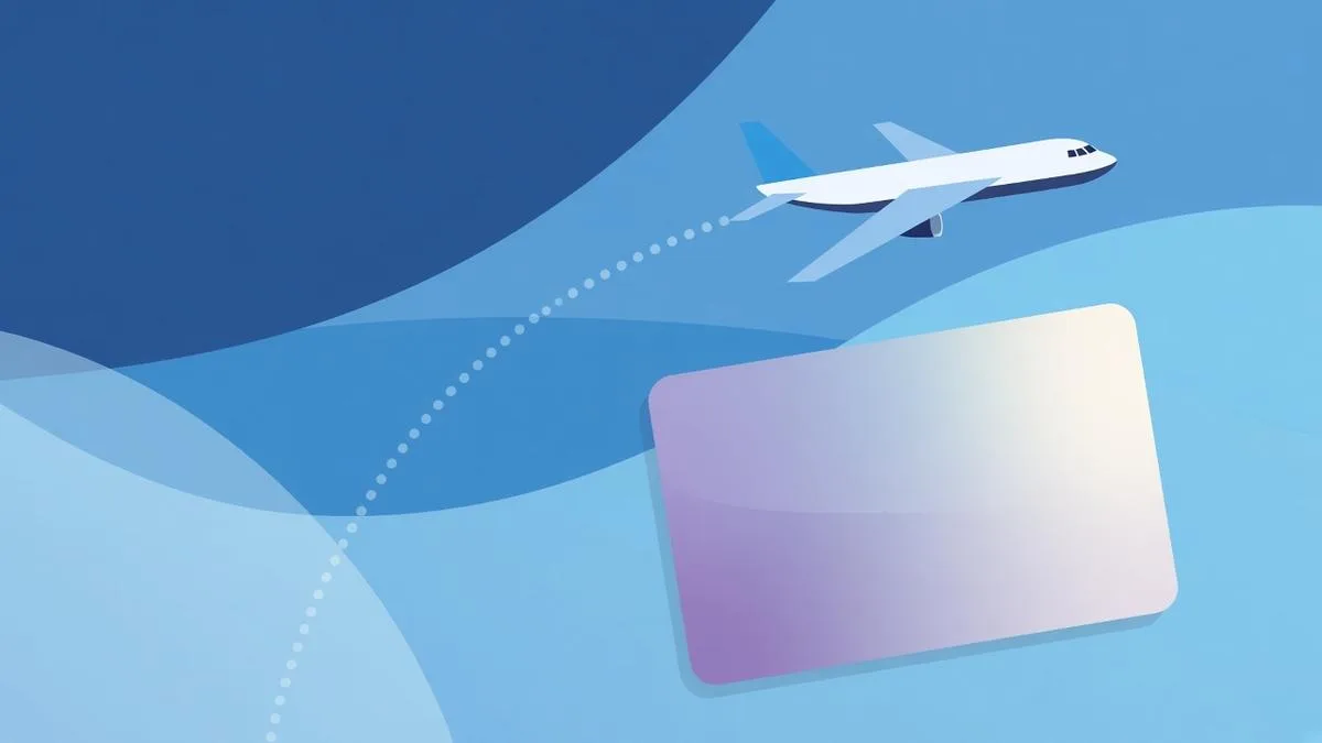 Illustration of an airplane flying along a dotted route arc above a blank generic credit card