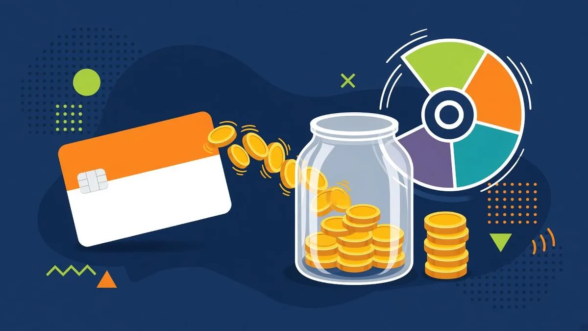 Flat illustration of a blank credit card pouring gold coins into a jar beside a second coin stack and a four-color quarterly wheel, representing a cash back card bonus and match