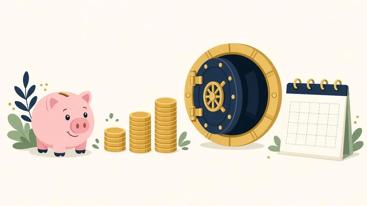 Flat illustration of a piggy bank, three rising stacks of gold coins, an open bank vault door and a calendar