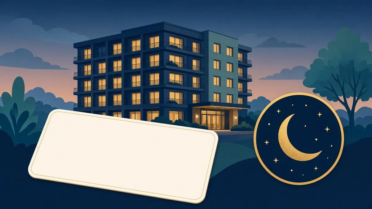 Illustration of a hotel at dusk with a blank key card and a crescent-moon free-night badge