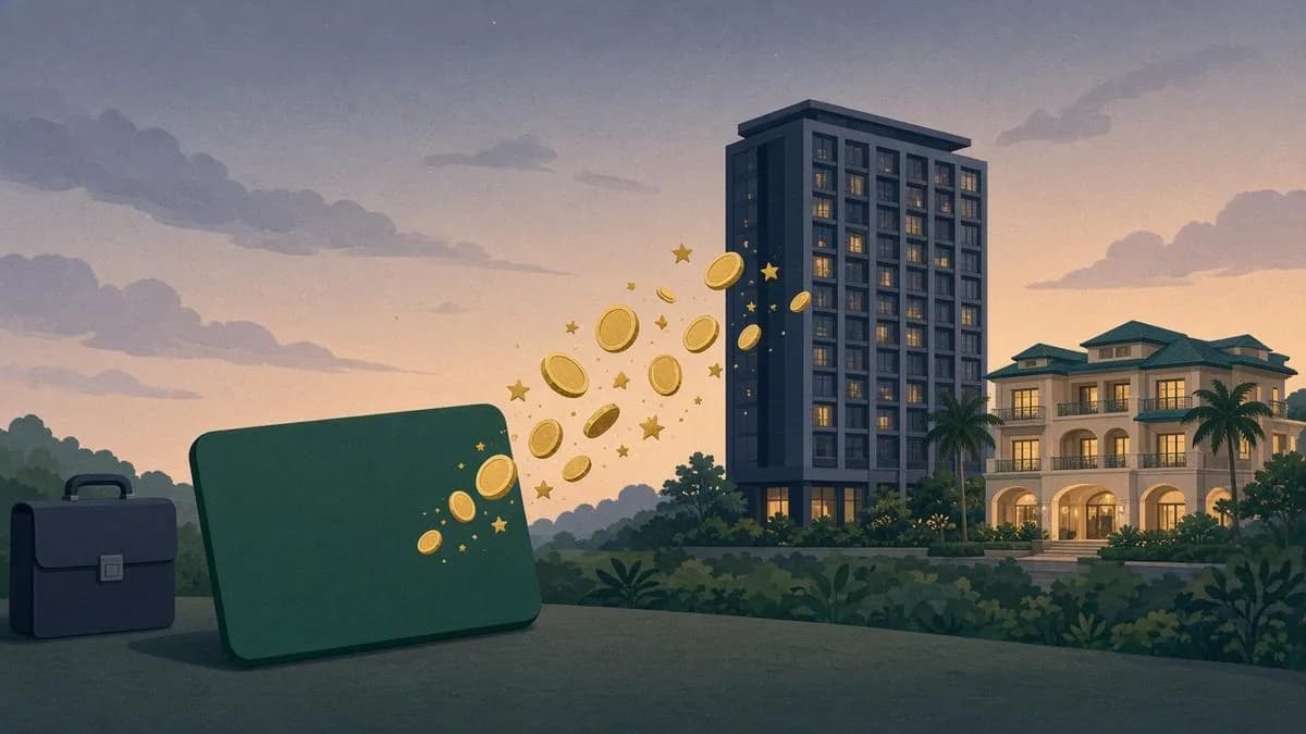Illustration of a business hotel tower and a resort at dusk, with gold reward coins flowing from a blank green card beside a briefcase