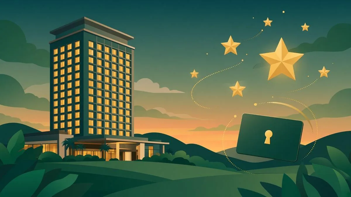 Illustration of a tall hotel tower at dusk among green hills, with gold stars arcing above a dark green room key card