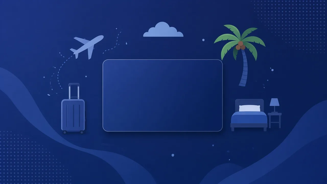 Illustration of a blank generic blue credit card surrounded by travel icons: a suitcase, an airplane, a hotel bed and a plate with a fork