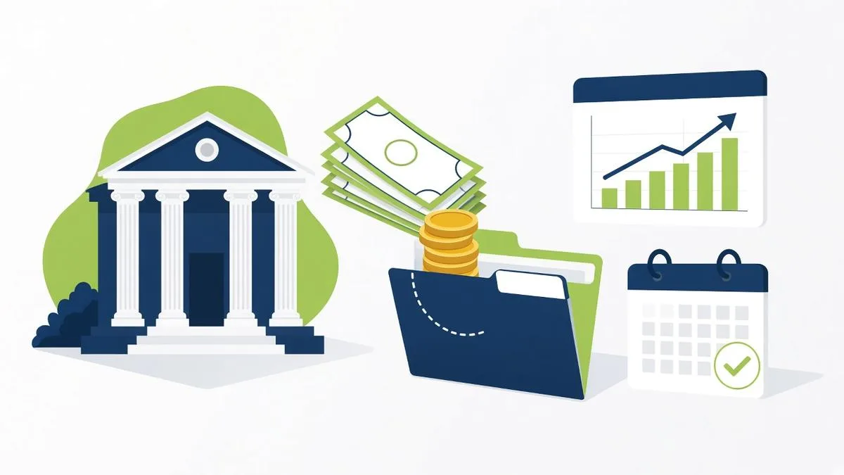 Flat illustration of a bank building with cash and coins going into a checking account folder, a growth chart and a calendar