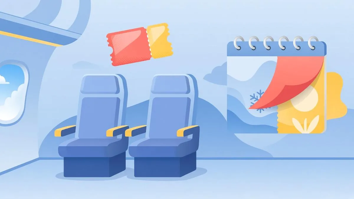Illustration of two empty airplane seats side by side with a paired ticket above and a calendar turning to a new year, representing Companion Pass changes