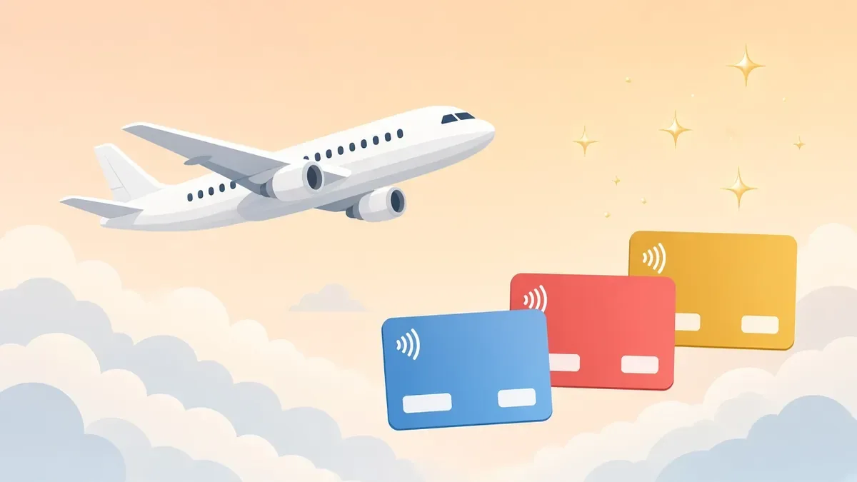 Flat illustration of three blank credit cards fanned out beside a checked suitcase and gold coins, with a jet flying along a dotted route overhead