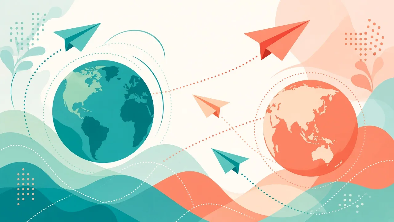 Illustration of paper airplanes flying along dotted paths between two globes, representing transferring points to airline programs