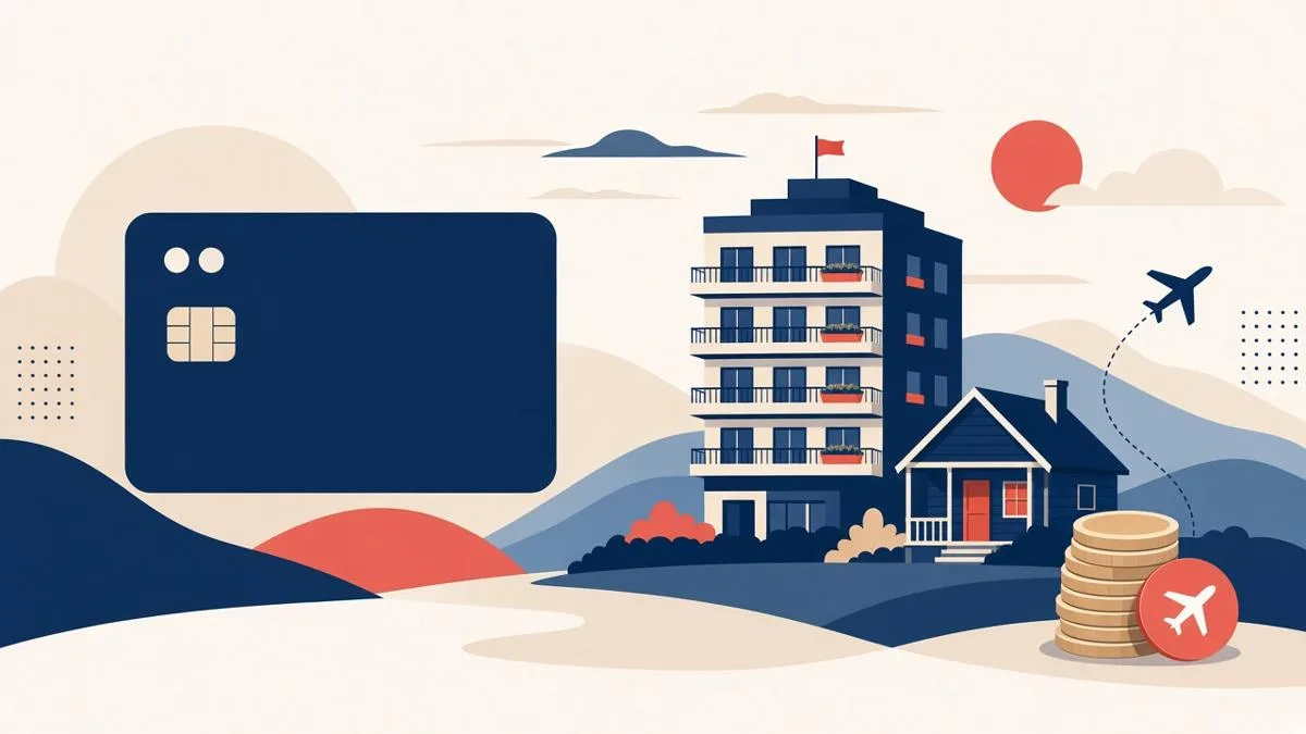 Illustration of a blank navy credit card beside a hotel building, a small vacation house, a stack of coins and an airplane on a dotted path