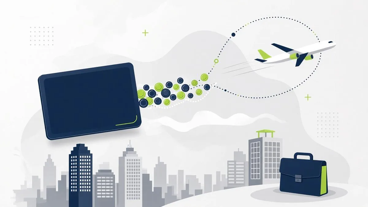 Flat illustration of a blank navy business credit card sending a stream of miles along a flight path to a jet above a city skyline and briefcase