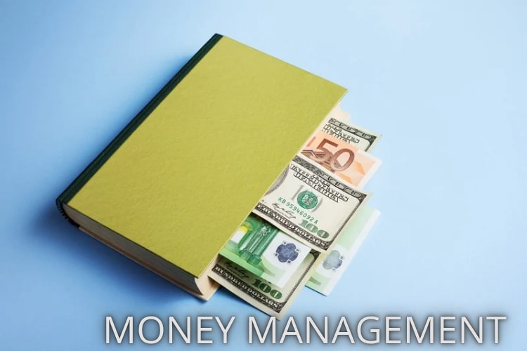 Close-up of hands organizing bills and cash on table